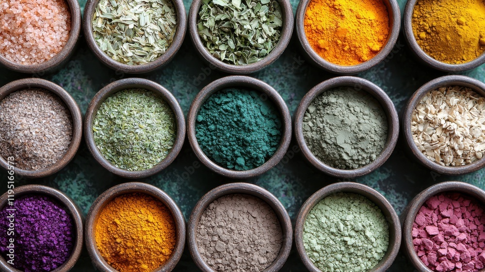 Colorful display of natural ingredients in bowls, showcasing various spices and herbs. vibrant colors and textures create inviting atmosphere for culinary creativity Colorful display of natural ingredients in bowls, showcasing various spices and herbs. vibrant colors and textures create inviting atmosphere for culinary creativity