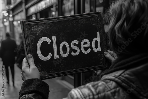 Stark black and white photo of a hand holding a 'Closed' sign, representing themes of shutdown and exclusion. photo