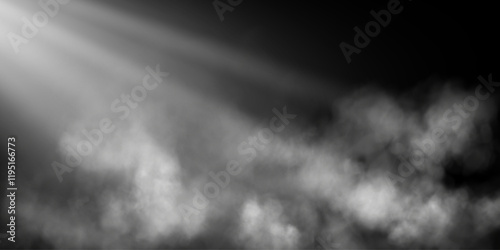 Image of soft rays of light illuminating fog and light haze, creating a magical and ethereal atmosphere on a dark transparent background.