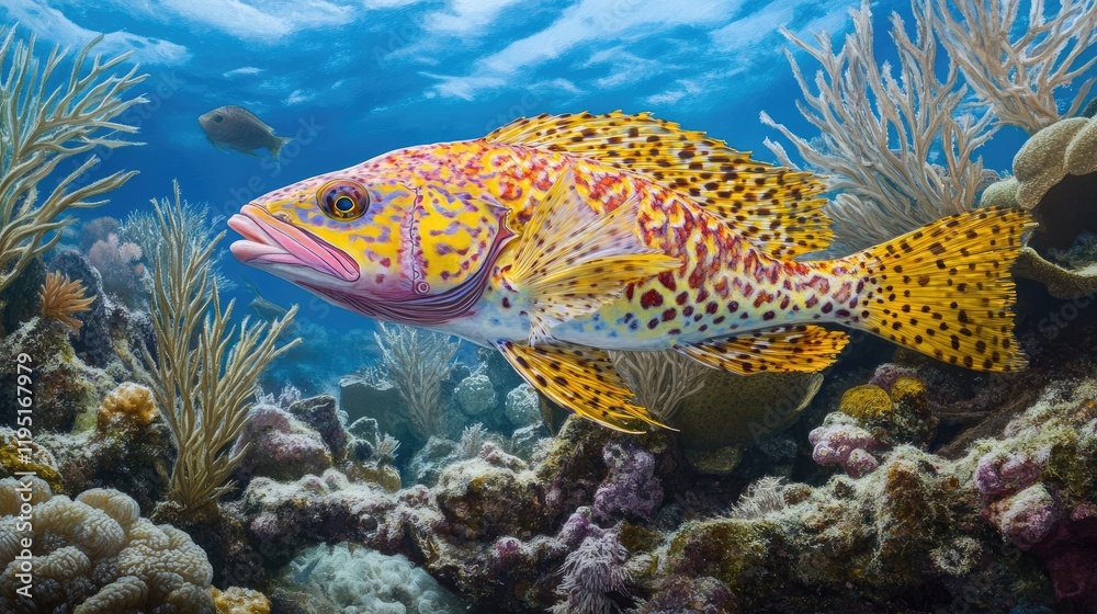 A lively reef scene featuring tilefish with vivid hues swimming gracefully amidst coral and drifting sea plants A lively reef scene featuring tilefish with vivid hues swimming gracefully amidst coral and drifting sea plants