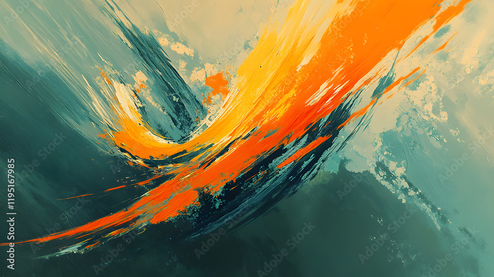 A dynamic abstract painting with sweeping strokes of orange and teal, accented by pale yellow highlights and soft shadowing for a balanced medium-contrast design 