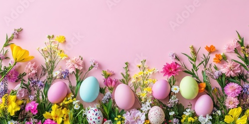 Colorful Easter card mockup with pastel Easter eggs arranged along a vibrant floral border including yellow pink and purple flowers on a pink background photo