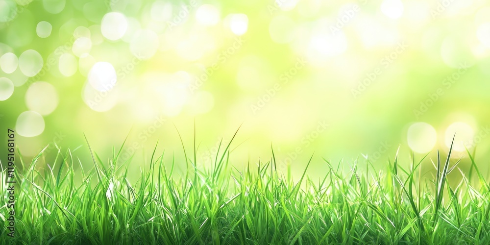 Vibrant fresh green grass in the foreground with a soft focus light bokeh background in hues of green and yellow creating a serene natural ambiance. Vibrant fresh green grass in the foreground with a soft focus light bokeh background in hues of green and yellow creating a serene natural ambiance.