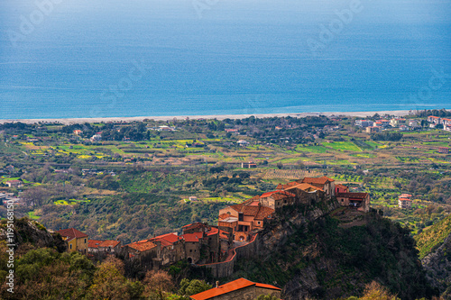 top view of the Tyrrhenian sea from the village of Maierà, Cosenza, Italy photo