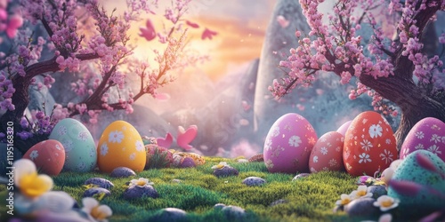 Springtime Easter-themed landscape with colorful decorated eggs surrounded by blossoms and vibrant flowers under a warm sunset sky.