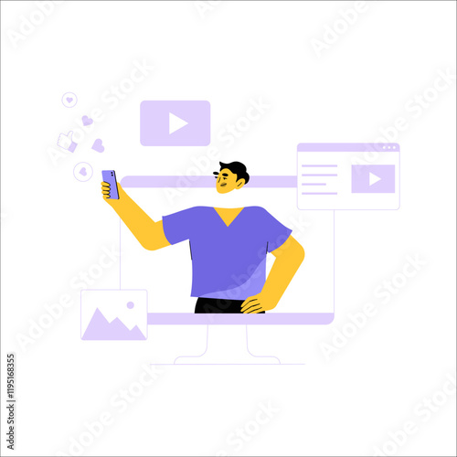 Male Content Creator Using Smartphone In Flat Vector Illustration Symbolizing Digital Media Creation, Social Engagement, And Online Interaction, Isolated On White Background