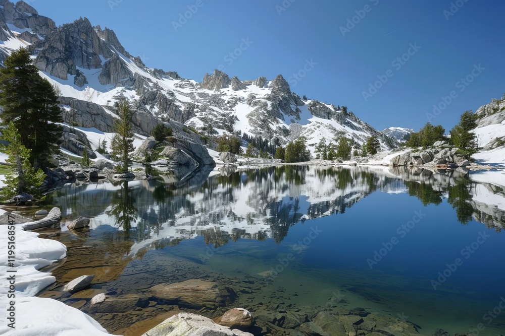 Fototapeta premium A serene mountain landscape with a clear lake reflecting snow-capped peaks and lush greenery.