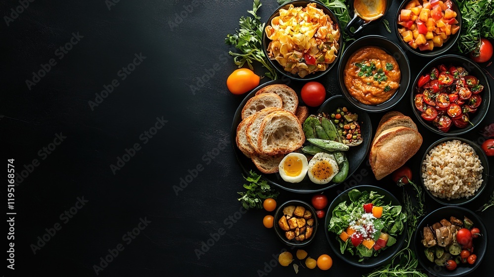 A black background with a variety of food 