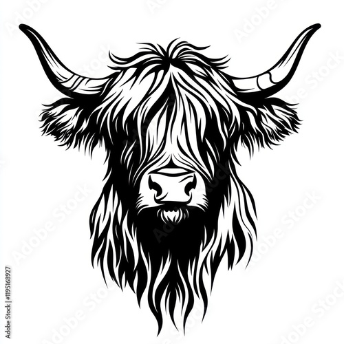 Highland cow head, monochrome illustration,  isolated, white background, logo design