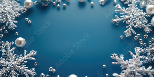 Elegant silver snowflakes and pearls arranged in a border against a rich blue background creating a wintry festive frame for text or images