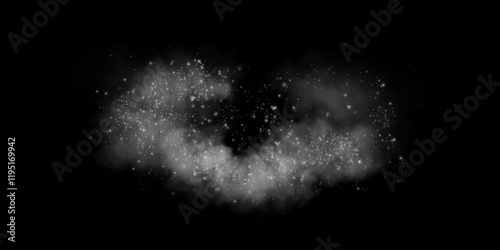 Dust sparkles and stars glow. Placer icing, sugar effect png, baking salt and flour, white powder.Vector glitter on transparent dark background. Christmas light effect. Sparkling magic dust particles.