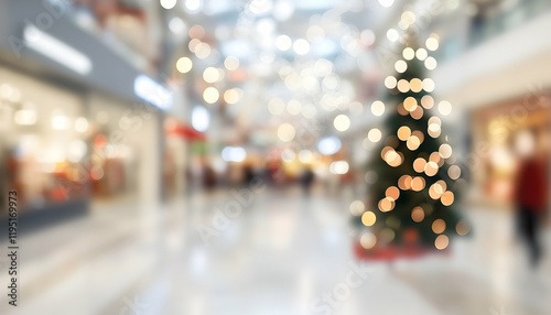 Abstract blurred bokeh background of a brightly lit shopping mall decorated for Christmas with a large Christmas tree in the foreground photo