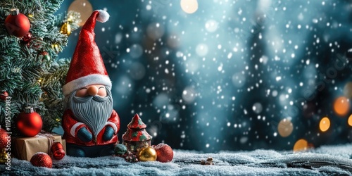 Festive Christmas scene with a gnome and a snow-covered fir tree on the left, warm red and green ornaments, snowy background with bokeh lights.