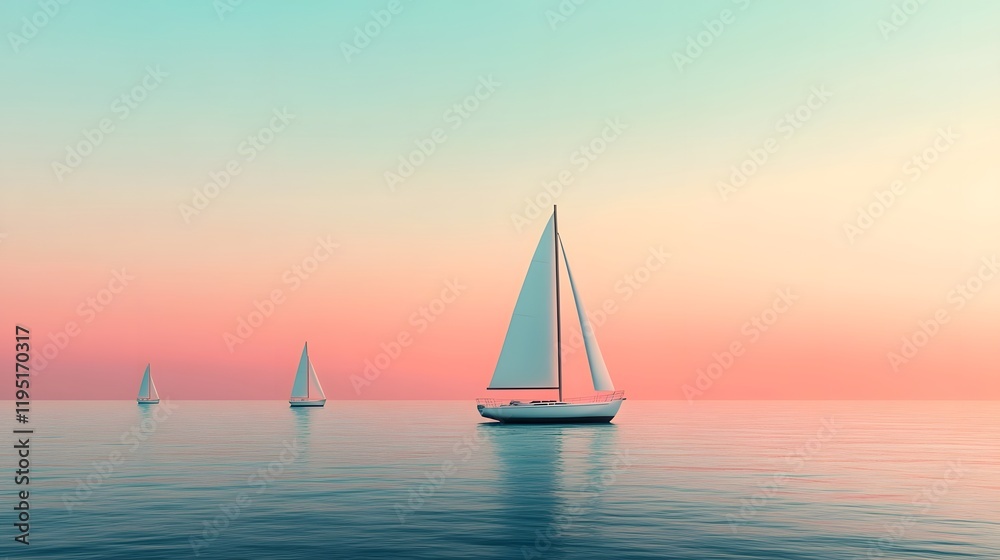 Fototapeta premium Serene Sailboat Drifting on a Pastel Oceanic Backdrop - 3D