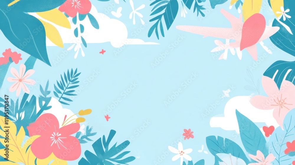A vibrant, floral border design with leaves and flowers against a light blue background. A vibrant, floral border design with leaves and flowers against a light blue background.