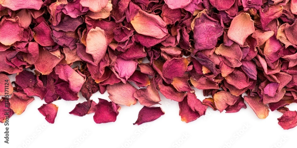Dried rose petals arranged on a white background in shades of pink and red with ample empty space for design elements and herbal remedies. Dried rose petals arranged on a white background in shades of pink and red with ample empty space for design elements and herbal remedies.
