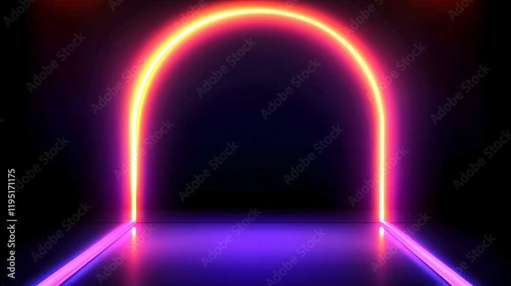 Fototapeta premium Glowing Neon Arc Frame Against Minimalist Black Background
