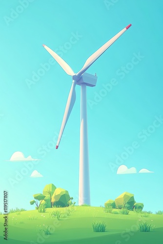 An isometric view of a wind turbine in a vegetated area, illustrating renewable energy and the integration of technology within a natural environment.
