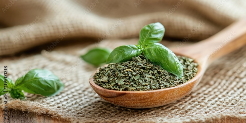 Basil leaves in a wooden spoon with fresh basil sprigs on top set against a textured burlap background in earthy tones of green and brown. Basil leaves in a wooden spoon with fresh basil sprigs on top set against a textured burlap background in earthy tones of green and brown.