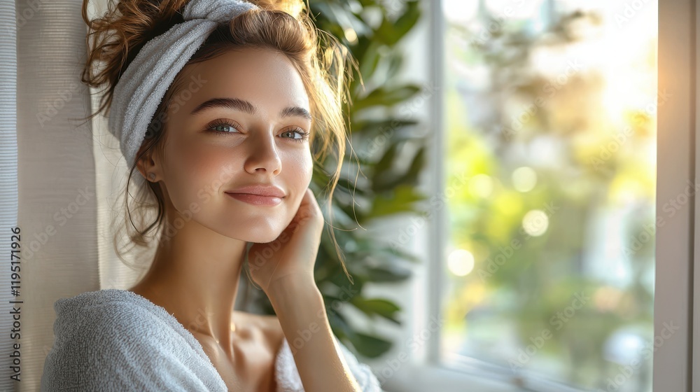 woman relaxing with personalized skincare routine, enjoying natural light and greenery. Her serene expression reflects moment of self care and tranquility woman relaxing with personalized skincare routine, enjoying natural light and greenery. Her serene expression reflects moment of self care and tranquility