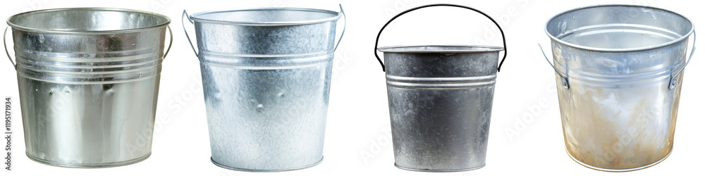 Industrial Chic Decor concept. Four metal buckets in various sizes and conditions on a black background. Industrial Chic Decor concept. Four metal buckets in various sizes and conditions on a black background.
