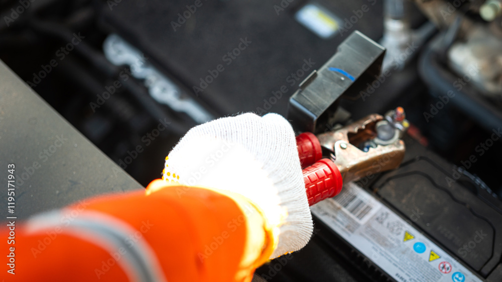 Action of a technician hand is using an emergency clamping kit to clamp on positive polar for jumping the 12V car battery. Transportation troubleshooting and reparing scene, close-up. Action of a technician hand is using an emergency clamping kit to clamp on positive polar for jumping the 12V car battery. Transportation troubleshooting and reparing scene, close-up.