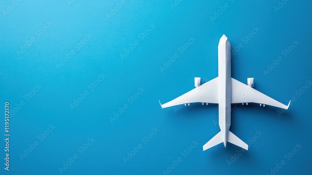 A top view of a white airplane model on a blue background, symbolizing travel and aviation. A top view of a white airplane model on a blue background, symbolizing travel and aviation.