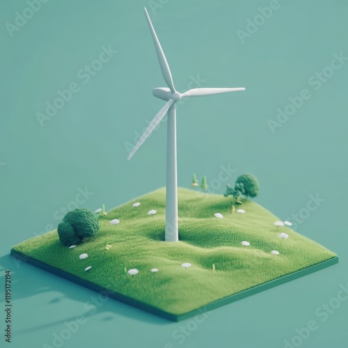 An isometric view of a wind turbine in a vegetated area, illustrating renewable energy and the integration of technology within a natural environment.