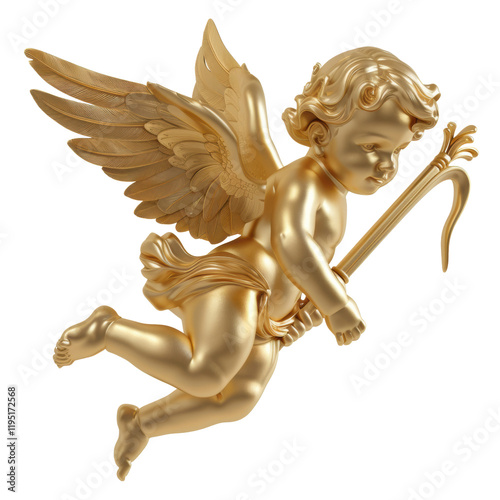 Winged golden cherub with a staff floats on white