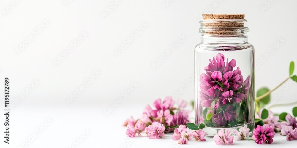 Glass bottle containing vibrant pink red clover flowers with cork stopper on a clean white backdrop surrounded by scattered smaller flowers.