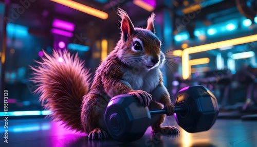 Gym-Going Squirrel: A Neon-Lit Fitness Fantasy photo