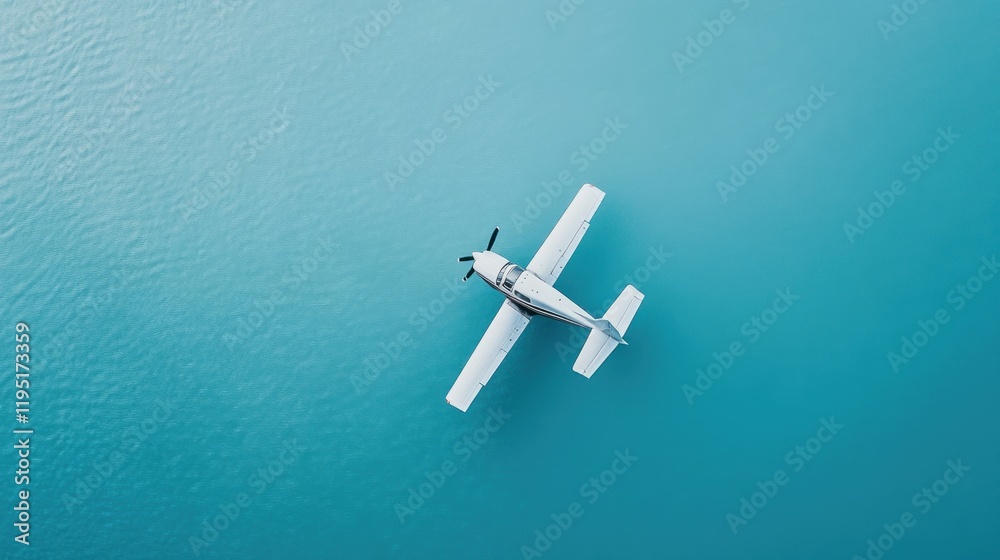 Aerial view of a small airplane flying over calm turquoise waters. Aerial view of a small airplane flying over calm turquoise waters.