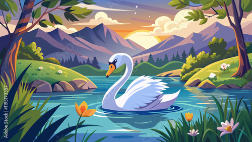 Beautiful white swan swimming on a lake in the morning.