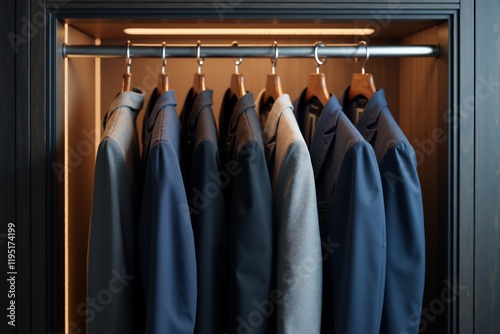 Stylish collection of neatly hung suits in a modern wardrobe showcasing elegant organization and attention to detail in interior design