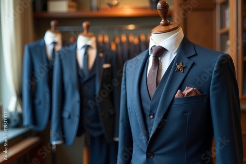 Elegantly tailored blue suits displayed in a refined clothing store showcasing luxury business wear for discerning clients