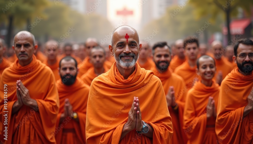 Group of Men in Orange Robes Celebrate Swami Vivekananda's Passing: Foreground Focus with Blurred Background Group of Men in Orange Robes Celebrate Swami Vivekananda's Passing: Foreground Focus with Blurred Background