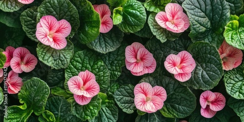Vibrant pink Episcia flowers bloom against lush green textured leaves creating a stunning backdrop for design projects and artistic themes