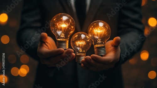 Office executive holds light bulbs, sparking innovation 