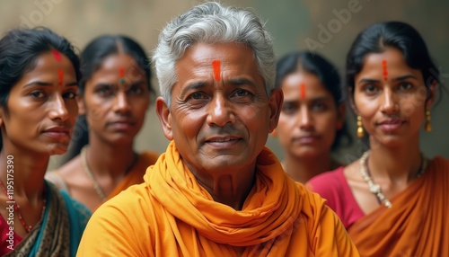 Man in Orange Sari Standing Among Women in Blurry Background photo