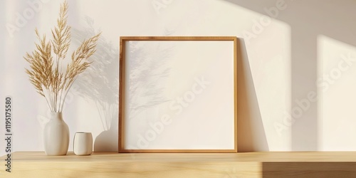 Minimalist wooden frame on a light wooden surface with white backdrop, paired with dried grass in a vase and soft shadows creating depth.