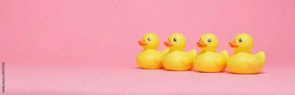 A Row Of Three Small Rubber Ducks Are Placed On A Bright Pink Colored Background In This Illustration. 00002 A Row Of Three Small Rubber Ducks Are Placed On A Bright Pink Colored Background In This Illustration. 00002