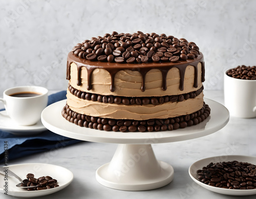 Awaken Your Senses with a Rich Coffee-Flavored Cake: Layered with Espresso Buttercream and Topped with Chocolate-Covered Coffee Beans for a Perfect Caffeine Boost photo