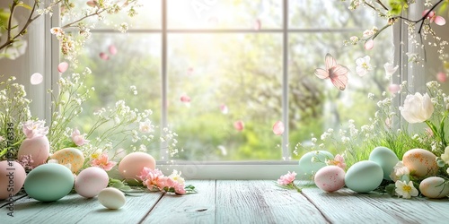 Easter table backdrop showcasing soft pastel eggs in the foreground with a blurred window view and floral decor in bright green tones.