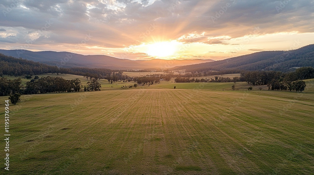 Fototapeta premium A vast agricultural field stretches under a breathtaking sunset, illuminating the sky with vibrant colors. Distant mountains frame the horizon, creating a serene countryside atmosphere