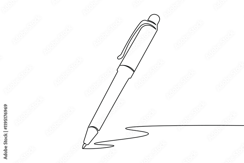 Obraz premium Pen continuous one line drawing and ball pen icon isolated outline flat vector illustration