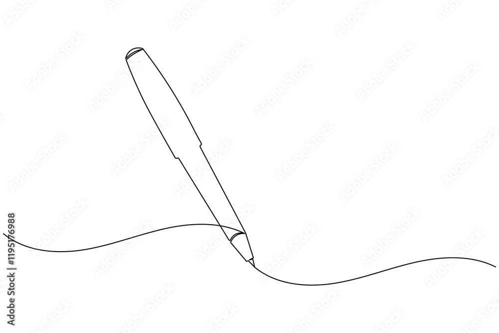 Obraz premium Pen continuous one line drawing and ball pen icon isolated outline flat vector illustration