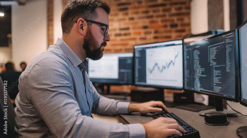 Professional analyzing data on multiple monitors in modern office Professional analyzing data on multiple monitors in modern office