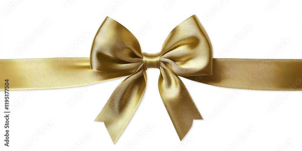 Elegant gold satin bow ribbon centered with two trailing ends on a white background, showcasing a luxurious and festive appeal. Elegant gold satin bow ribbon centered with two trailing ends on a white background, showcasing a luxurious and festive appeal.