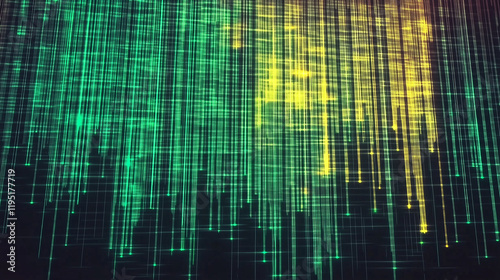 Wallpaper Mural Dark background, vertical lines of green and yellow light with digital glitch effects Torontodigital.ca