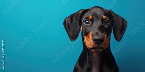 Portrait of a Doberman puppy with a shiny black and tan coat centered against a vibrant turquoise backdrop, eyes gazing directly at the viewer. photo